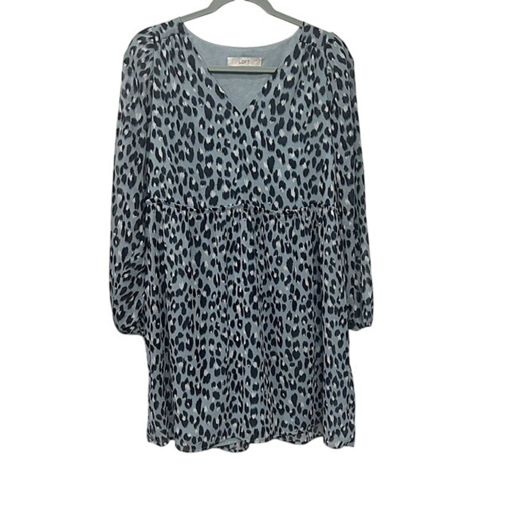 LOFT Blue Leopard Babydoll Mini Dress Modern Coquette Romantic Long Sleeve Small